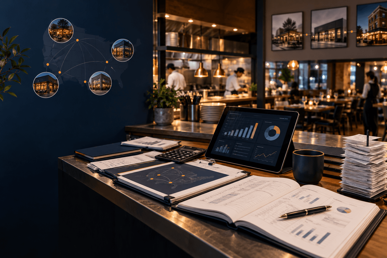 Restaurant finance workspace connecting several locations into one coordinated reporting view