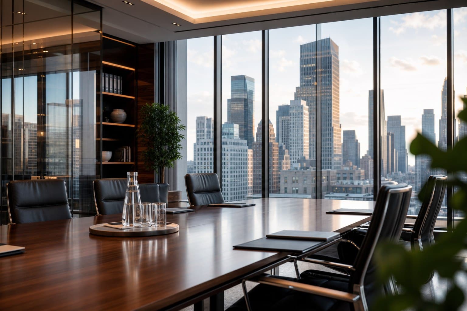CPA firm conference room with skyline views and warm wood interiors