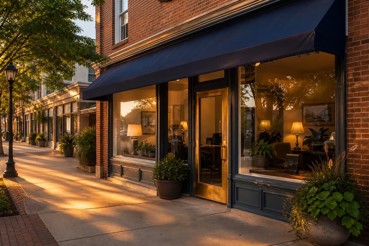 Warm Main Street insurance agency storefront at golden hour