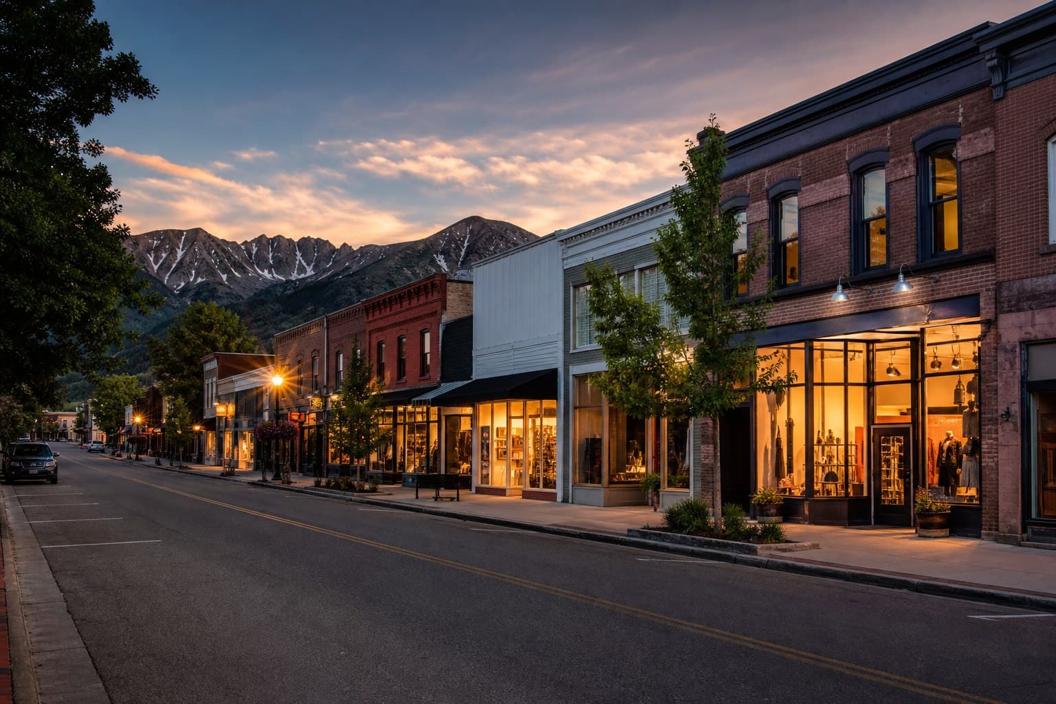 Mountain-town main street of well-kept storefronts at dusk