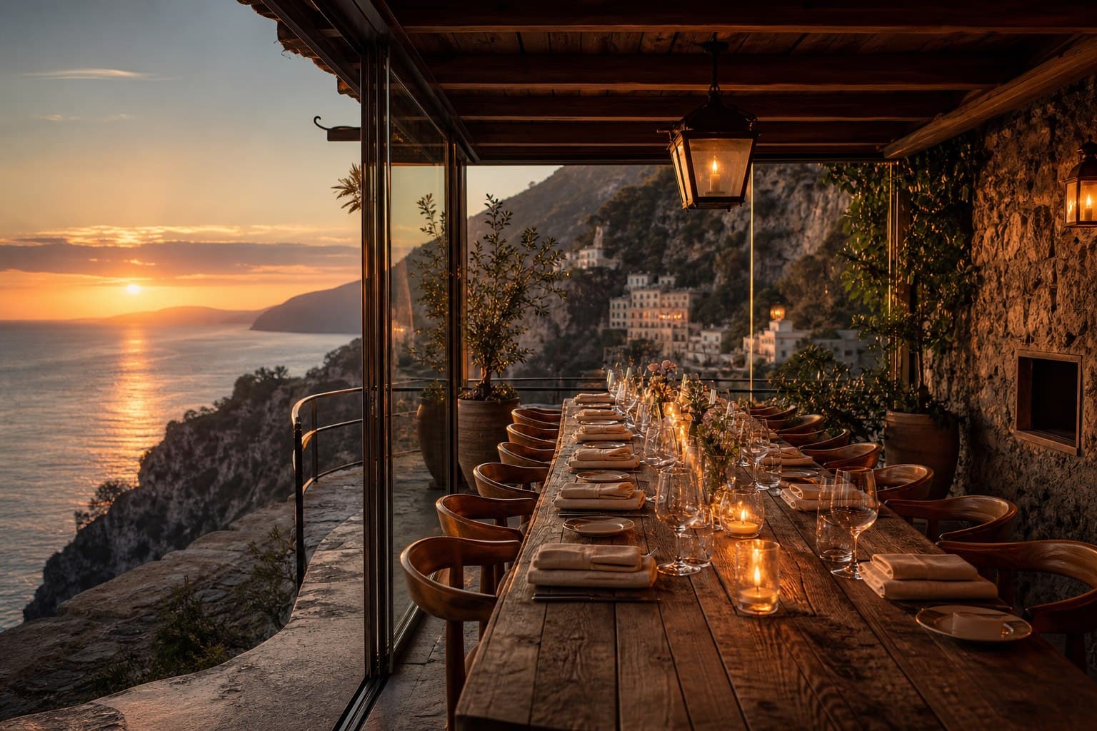 Cliffside terrace restaurant overlooking the ocean at golden hour