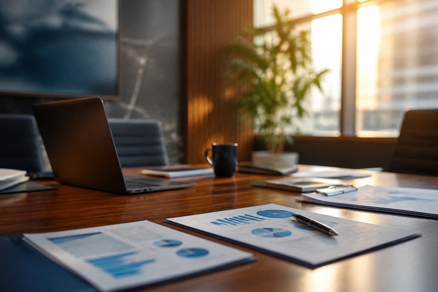 Month-end reporting materials on a clean conference table