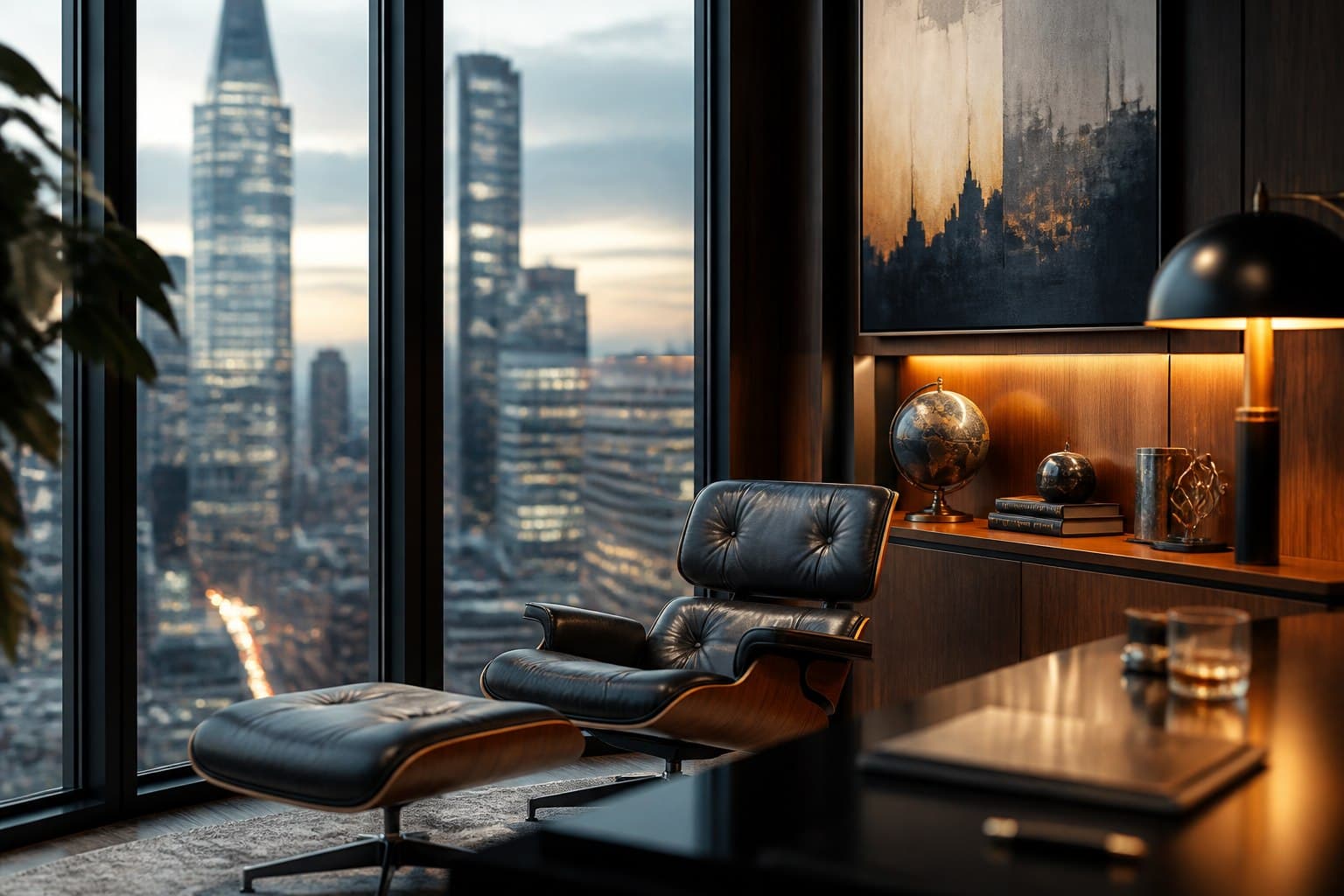 Executive lounge with soft city light through glass