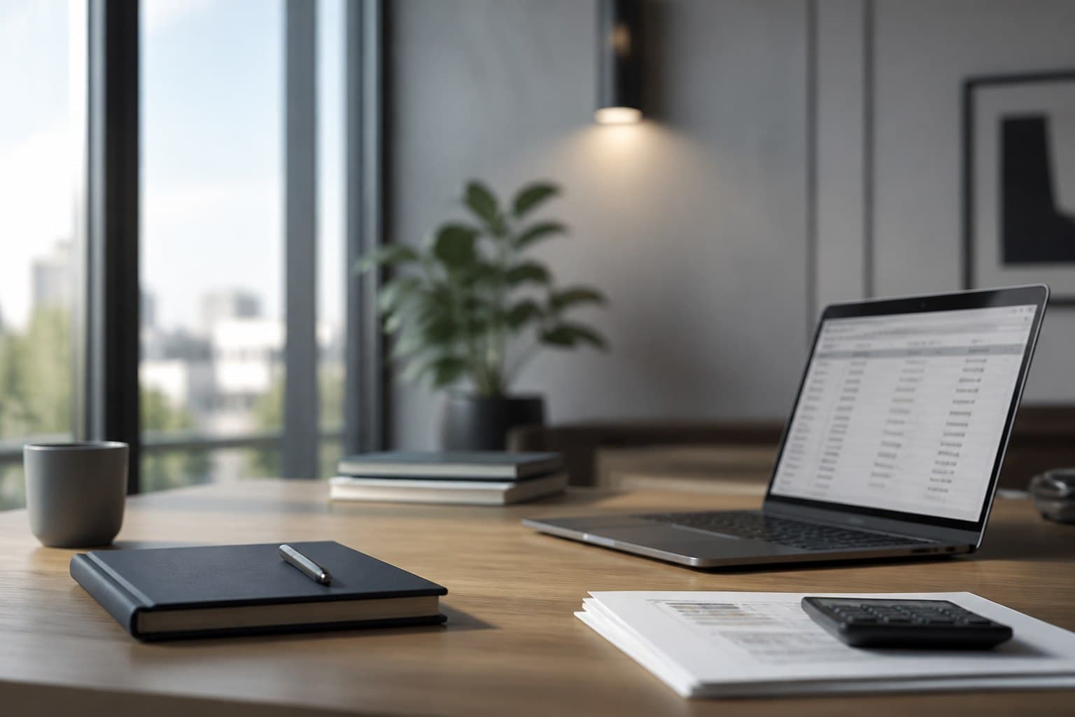 Quiet modern accounting workspace in soft daylight